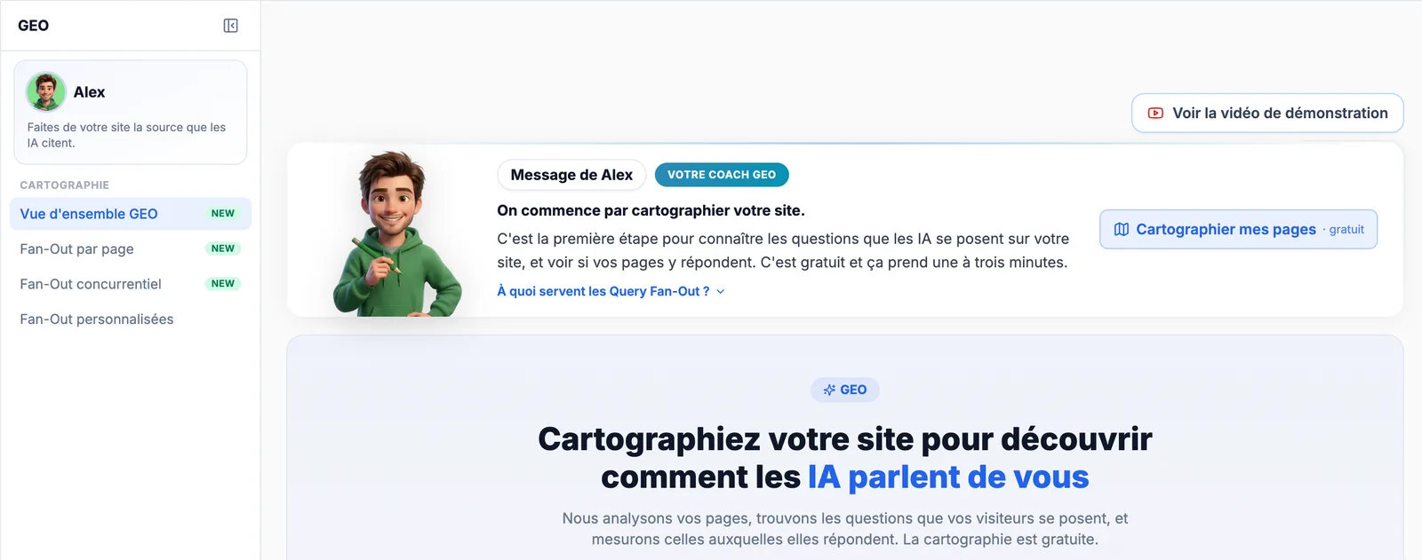 Espace GEO de BotSEO : l'agent Alex propose de cartographier gratuitement les questions que les IA se posent sur le site