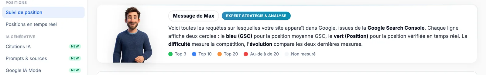 Suivi de positions de BotSEO : l'agent Max explique la différence entre la position moyenne Search Console et la position vérifiée en temps réel